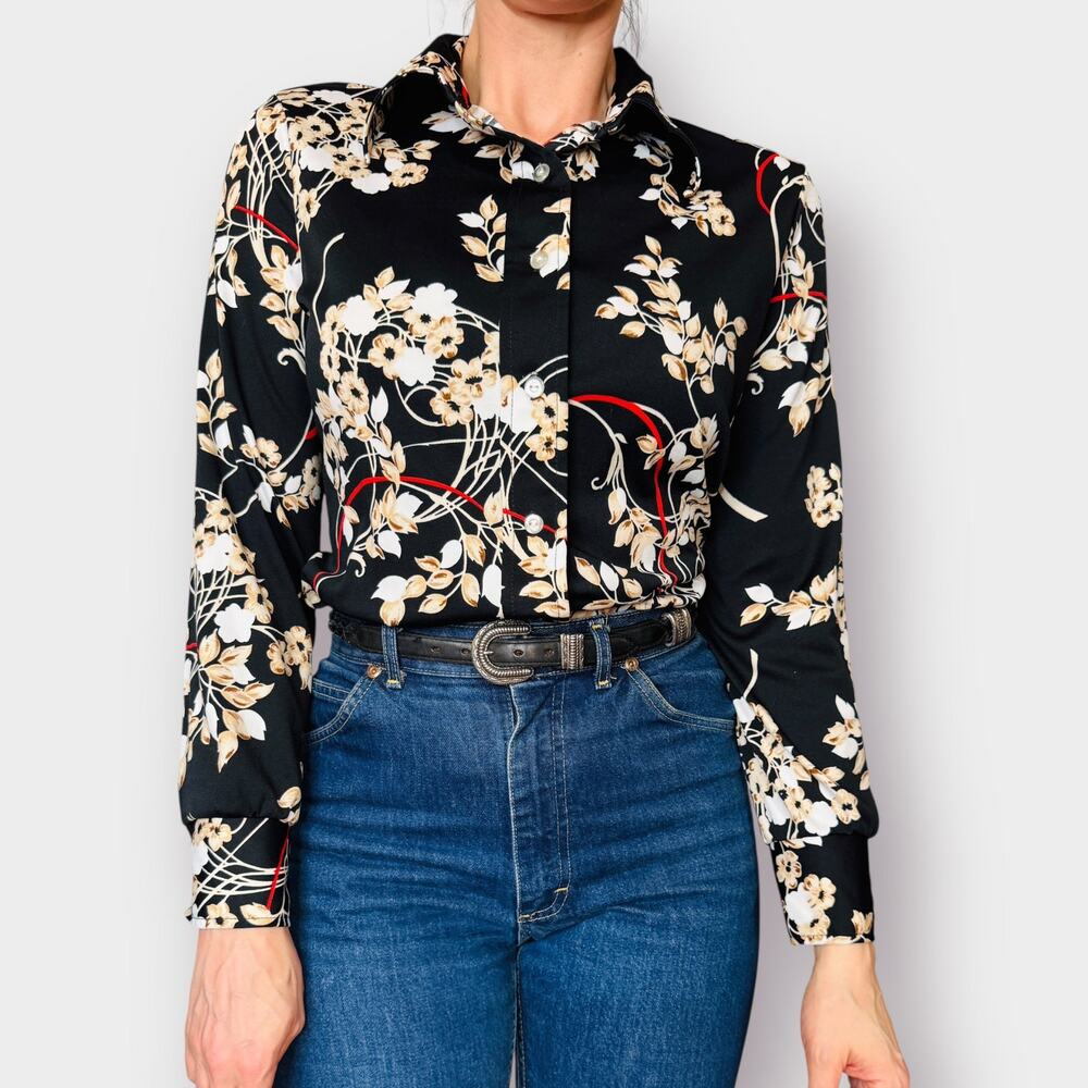 70s Lori-Lynne Black Tan Floral Blouse Size M